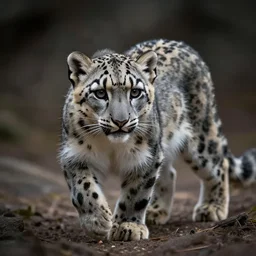 “Award-winning nature photograph of a cute snow leopard cub stalking, realistic, Nikon D4, 200.0-400.0 mm f/4.0, cinematic, dramatic lighting, realistic photo”