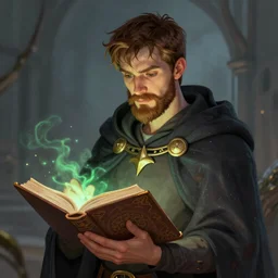 Young John Malkovich with short brown hair and brown beard in a cloak half-elf Divination Wizard studying a spellbook Pathfinder character art color d&d character portrait