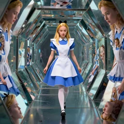 vfx surreal 3 d portrait of alice from wonderland walking into a non - euclidean and infinite tunnel of evanescent hallucinatory images in endless mirrors that temporarily cling to a virtual node of experience called the self in an illusion called spacetime, hyperdetailed, octane render, nvidia raytracing demo