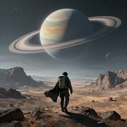 A dark astronaut with a dark cape walking on a extremely mountainous alien planet with a big planet with rings in the sky, concept art, trending on DeviantArt, digital art, highly detailed, high quality, 4k, beautiful landscape, calm