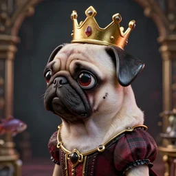 highly detailed closeup, profile portrait of a tin toy goth anthro pug princess wearing a crown, unreal engine, nicoletta ceccoli, mark ryden, earl norem, lostfish, global illumination, detailed and intricate environment