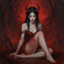 a painting of a female demon sitting on the ground, hellish background, a digital rendering by steve argyle and anne stokes, deviantart contest winner, gothic art, wiccan, lovecraftian, deviantart