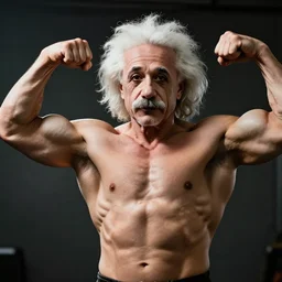 albert einstein as a ripped bodybuilder flexing muscles, light rays, cinematic lighting, handsome, glistening