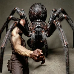 sun ra shaking hands with a giant humanoid hairy spider