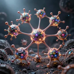 quantum connections represented as symbiotic organisms like cells playing around with colorful lights by ernst haeckel, connectivity, sharp, realistic, magnetic
