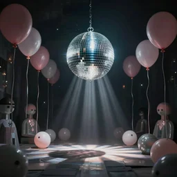 photo of the backrooms with balloons and disco ball