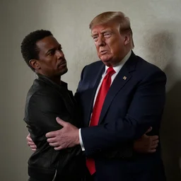 film still of Donald Trump being held against a wall by a predator in the movie Alien.