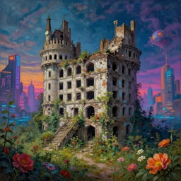a beautiful detailed painting of urbex abandoned architecture castle unfinished building nature building city by henri rousseau, flowers atlantis fantasy fisheye nature thermal vision liberty city bladerunner 2 0 4 9 retrowave neon noir azeroth steampunk nightsky infrared magic realism at dawn retro, archdaily, wallpaper, highly detailed, trending on artstation.
