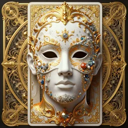 this is a portrait of a man, face adorned with delicate mask carved minerals, tiny mineral incrustations sparkling in the light, and otherworldly, golden ratio, baroque, rococo white + orange ink tarot card ornate by marc simonetti, peter mohrbacher, detailed, intricate illustration octane render fractal background sacred geometry mechanical design 3 d concept art digital 3 d printing cg vfx game environment