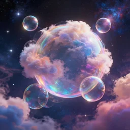 a bunch of glassy iridescent bubbles in space full of colorful clouds, stars and galaxies, volumetric light