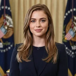 Chloë Grace Moretz as President of the United States, standing in the Oval Office, official photo portrait headshot