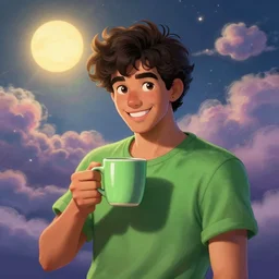 portrait of a ( ( ( una taza de cafe grande y verde ) ) ), ( ( futuro hermoso joven caliente portugues macho alegre ) ), lleno de nubes y magia, el sol, concept character, by greg rutowski and tezuka and oi and mucha and bierstadt and remington, trending on artstation
