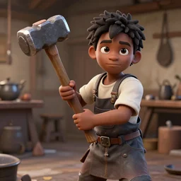 realistic 3 d render of blacksmith kid character holding big hammer, unreal engine 5, extremely detailed