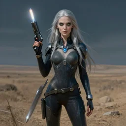 pleiadian woman with big eyes and long silver hair wearing a dark body suit and holding a plasma gun standing in barren fields, sci fi portrait art by greg rutkowski
