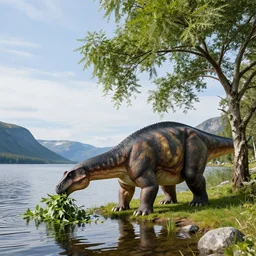 norwegian lake, therizinosaurus eating leaves from an acacia tree