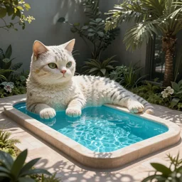 a swimming pool in the shape of a cat, a swimming pool imitating a cat, exterior