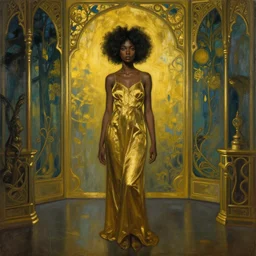 a black girl in a gold haunted liminal room, digital painting by goya and balthus, colors by pontormo, lights by hopper, extreme detail, liminal aesthetic, background art nouveau,