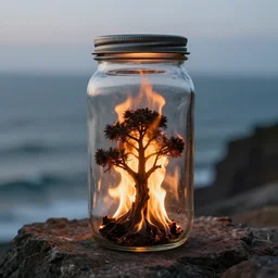 burning tree inside a glass jar standing on a cliff, bokeh, ocean in the background, metal lid, dramatic lighting, hyperrealistic, volumetric lighting, highly detailed