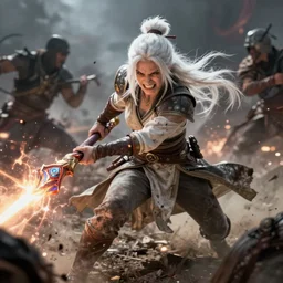 dragon age character wynne, white long hair in bun, gritting teeth, holding magical staff, shooting magic, middle of battle, battle damage, fighting, full body, epic, d and d, cinematic, dynamic lighting, concept art, rich color, bioware, by greg rutkowski