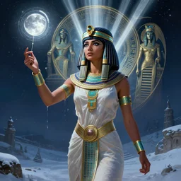 female egyptian warrior in a winter night, shaman clothing, ritual, moon beams, fame of thrones, fibonacci, sweat drops, insane, intricate, highly detailed, surrealistic, digital painting, artstation, concept art, smooth, sharp focus, illustration, unreal engine 5, 8 k, art by artgerm and greg rutkowski and alphonse mucha