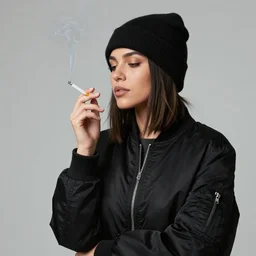 Photograph of a mixed woman smoking a cigarette wearing a black beanie and black bomber jacket, urban environment, depth of field, 4k, 8k, hd, award-winning, 82 mm sigma, close up