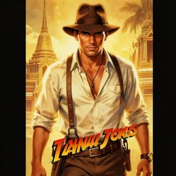 poster of smart and handsome and beautiful thai male dressed as indiana jones, เพชรพระอมา, art by art by drew struzan