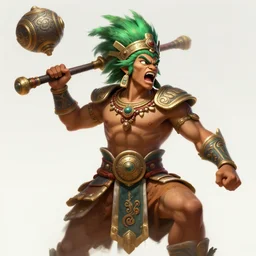 a highly detailed illustration of fierce young aztec boy wearing green mane, heroic roaring wielding aztec club pose, muscular, intricate, elegant, highly detailed, centered, digital painting, artstation, concept art, smooth, sharp focus, league of legends concept art, wlop