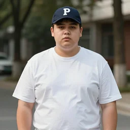 obese young man with a t-shirt and cap with the letter P