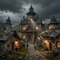 realistic photograph of an ancient, mysterious, retro stone building town under the night ， volumetric lighting, god's ray, soviet, detailed characters, summer, dark overcast weather, high detailed, smooth, mark arian, award winning, highly detailed 4 k art by beeple and fvckrender and visualdon, trending on cgsociety
