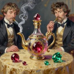 smoking bottle, genie, djinn, rubies, emeralds, table, greg rutkowski, john singer sargent, anime, trending on artstation, oil painting, intricate