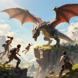 dragon attacking people on a cliff, sunny, fantasy art, concept art, epic, 4 k