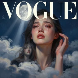3 d, close - up, clouds, moon rays, crying fashion model, night, moon rays, vogue cover style, poster art, hyper detail, intricate oil painting, multiple exposure, morning mood, 3 d, by tooth wu and wlop and beeple and greg rutkowski