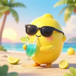 3 d octane render of a cute smiling chibi lemon character drinking a delicous caribbean drink, wearing sunglasses relaxing on a tropical beach at sunrise