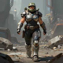 a bulky female body builder warrior walking in a cyberpunk wasteland facing the camera, mjolnir armor from halo infinite without a helmet, female face features, 8K, octane render, Digital painting, concept art, illustration, sharp focus, centered, good value control, realistic shading, rational painting, rubber undersuit