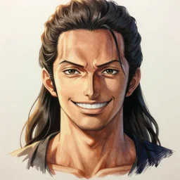 a smiling male anime protagonist, with a beauty mark under his left eye, long dark hair, pony tail, symmetrical facial features, from one piece, hyper realistic, 8 k, interesting composition, creative color choice, detailed drawing, trending on artstation, hd, realistic lighting, by edward hopper and dan mumford and wlop and rutkovsky, beksinski carl spitzweg moebius and tuomas kocar, intricate artwork by caravaggio, shoulder eyes, backlit golden hour