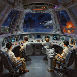 a sci - fi weyland industries sci - ci art paintings of the spaceship cockpit control room crew exploration inspired by great japanese artist kenji kawai, prometheus detailed matte painting by bruce pennington, by paul lehr, by john harris, cgsociety, retrofuturism, 7 0 s sci - fi, biopunk, sci - fi