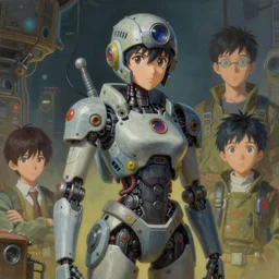 surreal gouache painting, by yoshitaka amano, by ruan jia, by conrad roset, by good smile company, detailed anime 3d render of a mechanical android, portrait, cgsociety, artstation, modular mechanical costume and headpiece, dieselpunk atmosphere