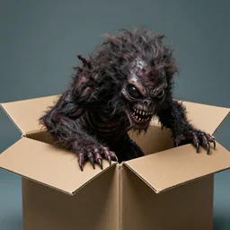 A horrifying alien monster covered in hair, crawling out of a cardboard box, 4k photography
