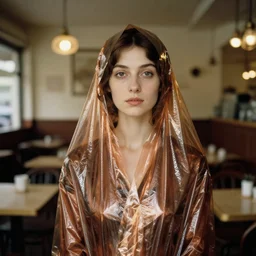 closeup portrait of a woman wrapped in bronze cellophane, standing in an empty cafe, color photograph, by john singer sargent, canon eos c 3 0 0, ƒ 1. 8, 3 5 mm, 8 k, medium - format print