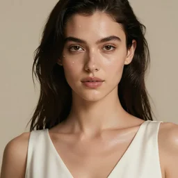 photo of a model, face of julia garner, wearing a white dress, black hair, beauty, full body portrait, greg kutkowski, sharp details, soft lighting, subsurface scattering, pearls of sweat, glistening skin, warm lighting