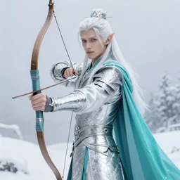 half length portrait of a handsome snow elf in a turquoise cape and silver armour, armed with bow and arrow, albino skin, winter vibes, elegant, very coherent symmetrical artwork, atmospheric lighting, rule of thirds, royo, klimt, miro, vallejo, frazetta, alphonse mucha, greg rutkowski, sharp focus, trending on artstation