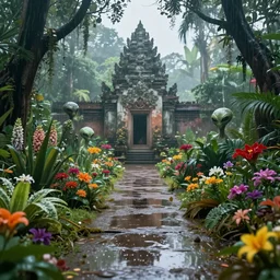 An alien jungle, colorful flowers, pathway, reflection, rain, morning light, photorealistic, realistic, depth of field, temple ruins!, high definition, soft light, high definition, detailed, 8k, artstation