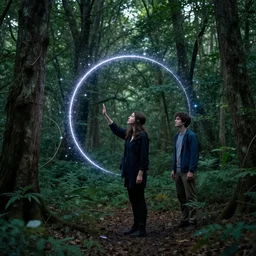 woman touches a portal to the stars in the forest, mikko lagerstedt, tokujin yoshioka
