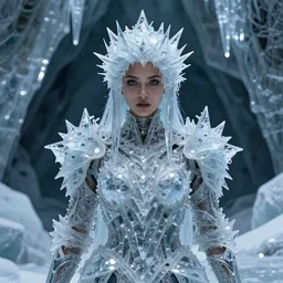 a brown woman wearing an intricate armor made of many layers of ice. no makeup!! sharp, stalactite hair. freckles!! haunting eyes. elaborate. ice caves. glaciers. refracted light. delicate. translucent. by ray cesar. by louise dahl - wolfe. by andrea kowch.