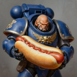 painting of a warhammer 4 0 k space marine devouring a hot dog, by goya,