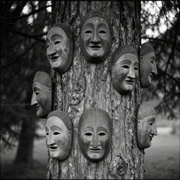 a few tyrolean and alpine folk folklore masks carved into pine tree, 1 9 2 0 analog photography, black and white, grainy, dark