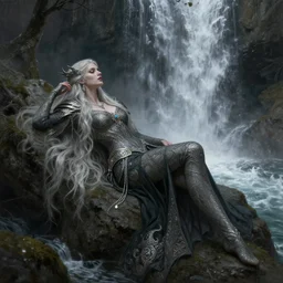 a full body portrait of a beautiful post apocalyptic offworld nordic necromancer reclining by the waterfalls, intricate, elegant, highly detailed, digital painting, artstation, concept art, smooth, sharp focus, illustration, art by krenz cushart and artem demura and alphonse mucha