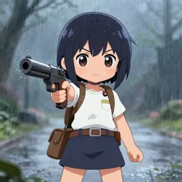 cute girl wearing a gun, by wlop, rain, poster, anime key visual, artstation