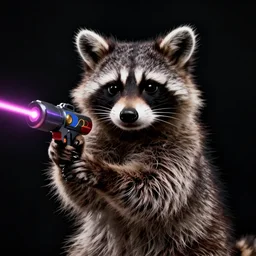 “ portrait of a racoon in the style of kung fu panda holding laser gun, with a black background, digital art, award winning, trending on art station, retro style ”