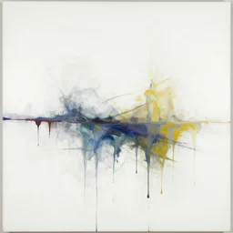 beautiful abstract composition in middle rest is clean white canvas by eddie martinez and pat steir and hilma af klint, dripping paint, washy brush, oil on canvas, matte painting, rendered in octane, altermodern, masterpiece